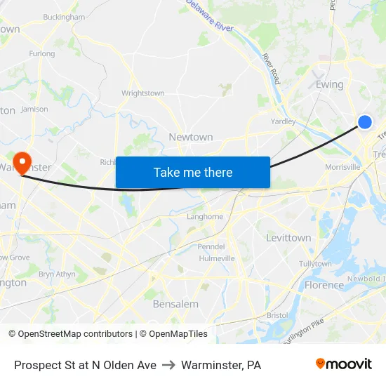 Prospect St at  N Olden Ave to Warminster, PA map