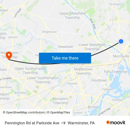 Pennington Rd at Parkside Ave to Warminster, PA map