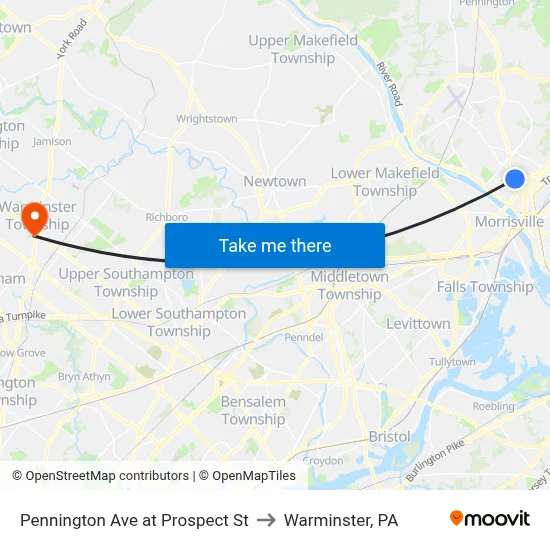 Pennington Ave at Prospect St to Warminster, PA map