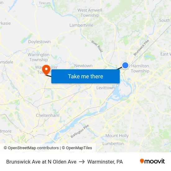 Brunswick Ave at N Olden Ave to Warminster, PA map