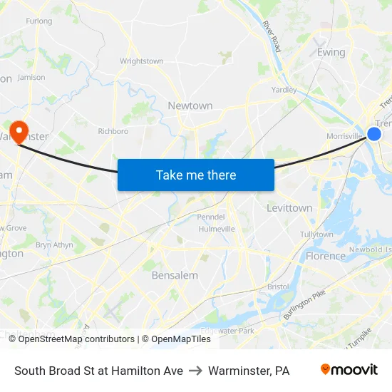 South Broad St at Hamilton Ave to Warminster, PA map