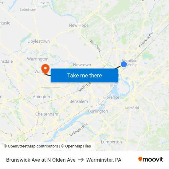 Brunswick Ave at N Olden Ave to Warminster, PA map