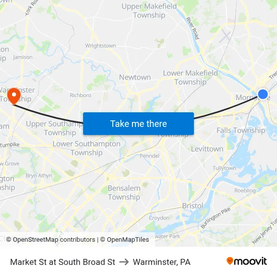 Market St at South Broad St to Warminster, PA map
