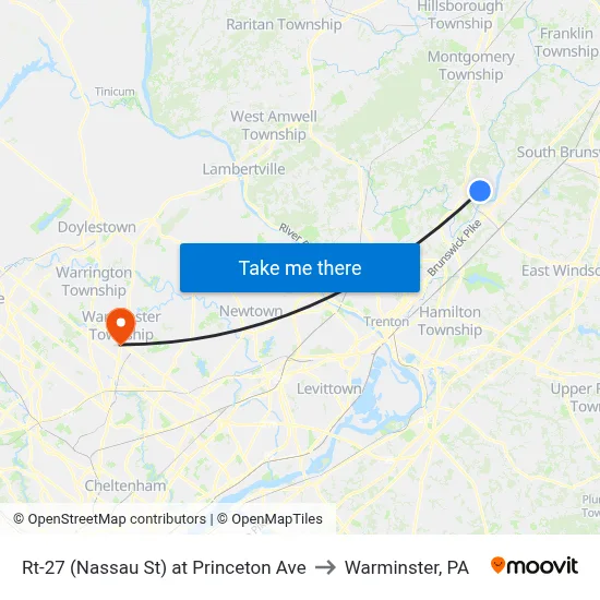 Rt-27 (Nassau St) at Princeton Ave to Warminster, PA map