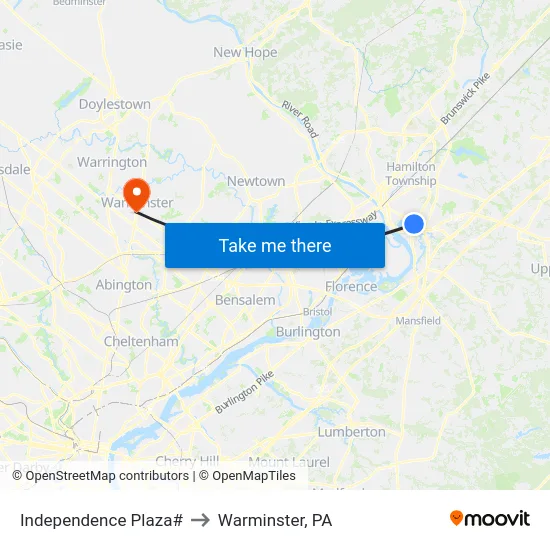 Independence Plaza# to Warminster, PA map