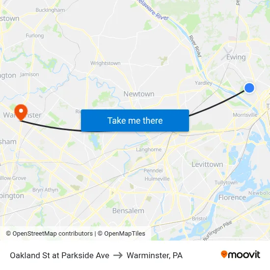 Oakland St at Parkside Ave to Warminster, PA map