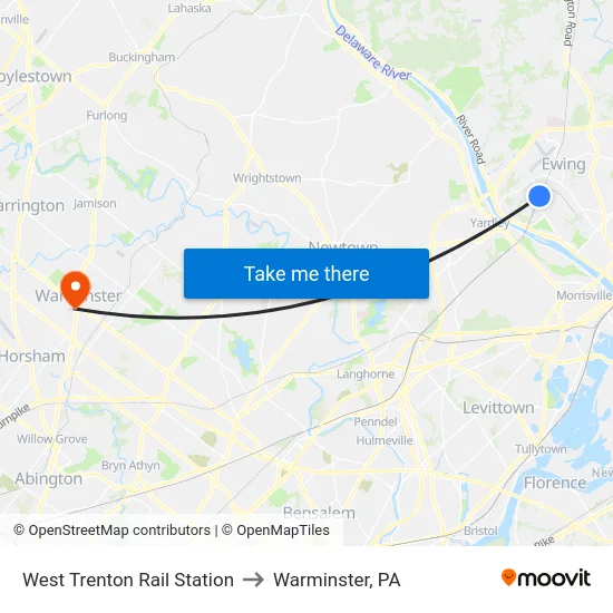 West Trenton Rail Station to Warminster, PA map