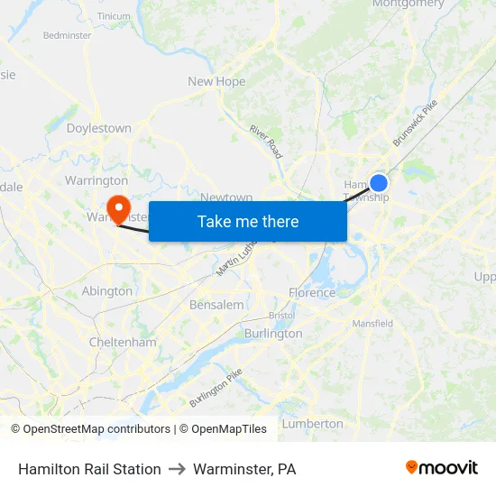Hamilton Rail Station to Warminster, PA map