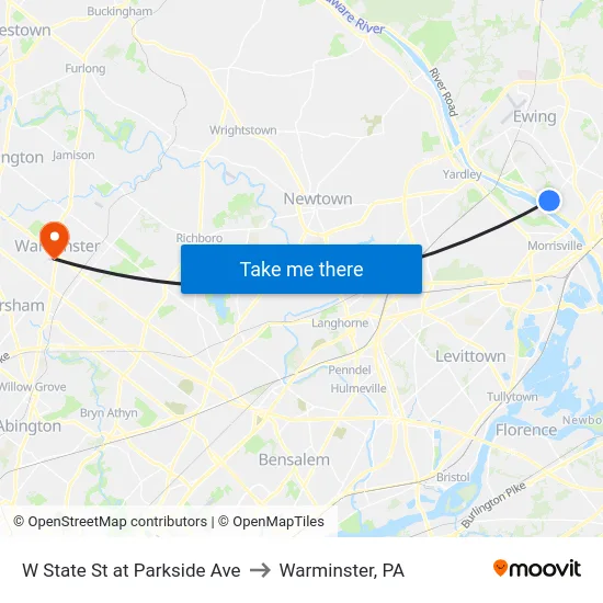 W State St at Parkside Ave to Warminster, PA map