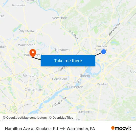 Hamilton Ave at Klockner Rd to Warminster, PA map