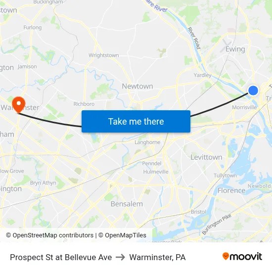 Prospect St at Bellevue Ave to Warminster, PA map