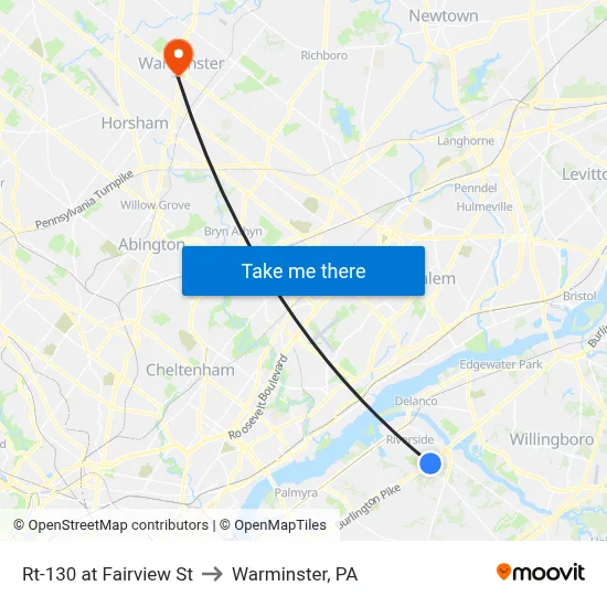 Rt-130 at Fairview St to Warminster, PA map