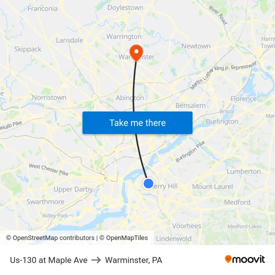 Us-130 at Maple Ave to Warminster, PA map