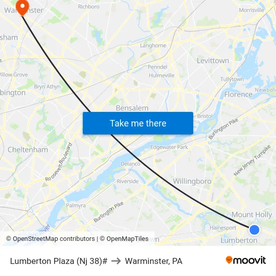 Lumberton Plaza (Nj 38)# to Warminster, PA map