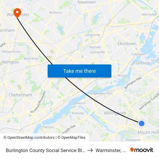 Burlington County Social Service Bldg to Warminster, PA map