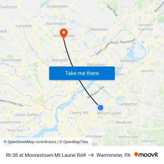 Rt-38 at Moorestown-Mt Laurel Rd# to Warminster, PA map