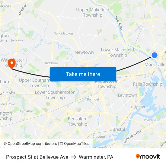 Prospect St at Bellevue Ave to Warminster, PA map