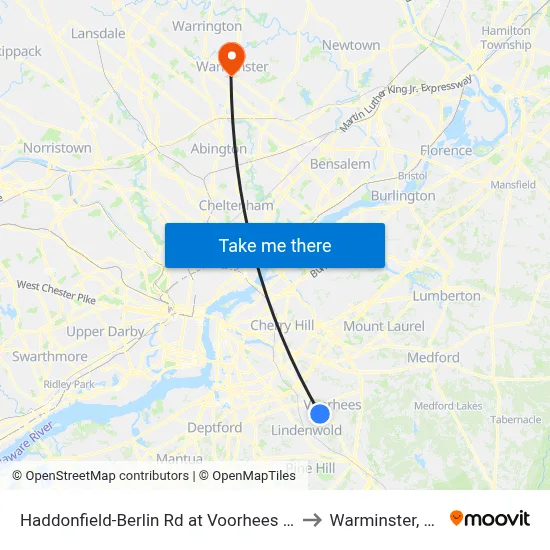 Haddonfield-Berlin Rd at Voorhees Dr to Warminster, PA map