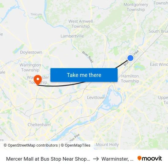 Mercer Mall at Bus Stop Near Shoprite to Warminster, PA map