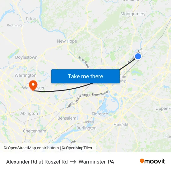 Alexander Rd at Roszel Rd to Warminster, PA map
