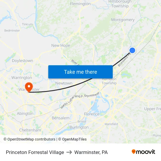Princeton Forrestal Village to Warminster, PA map