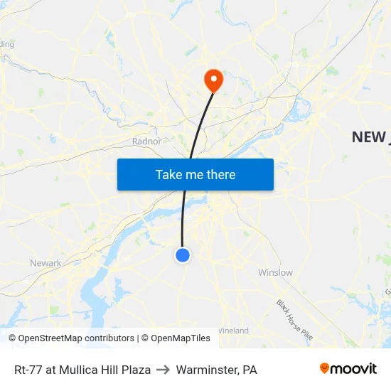 Rt-77 at Mullica Hill Plaza to Warminster, PA map