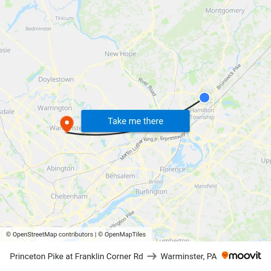 Princeton Pike at Franklin Corner Rd to Warminster, PA map