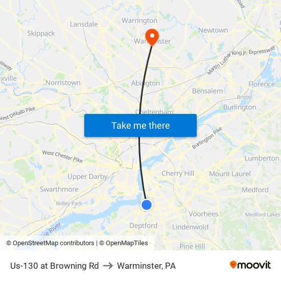 Us-130 at Browning Rd to Warminster, PA map