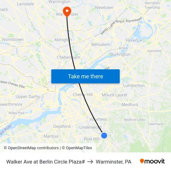 Walker Ave at Berlin Circle Plaza# to Warminster, PA map