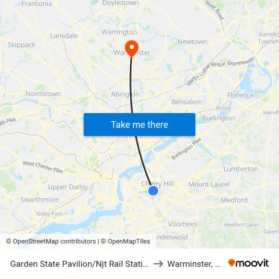 Garden State Pavilion/Njt Rail Station to Warminster, PA map