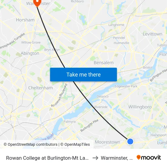 Rowan College at Burlington-Mt Laurel to Warminster, PA map