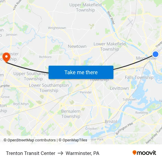 Trenton Transit Center to Warminster, PA map