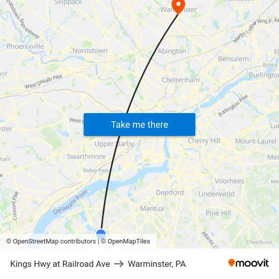 Kings Hwy at Railroad Ave to Warminster, PA map