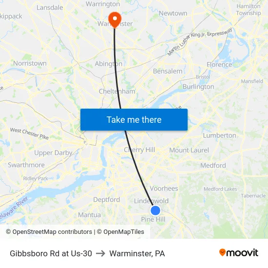 Gibbsboro Rd at Us-30 to Warminster, PA map