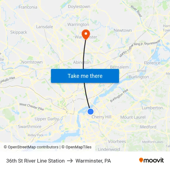 36th St River Line Station to Warminster, PA map