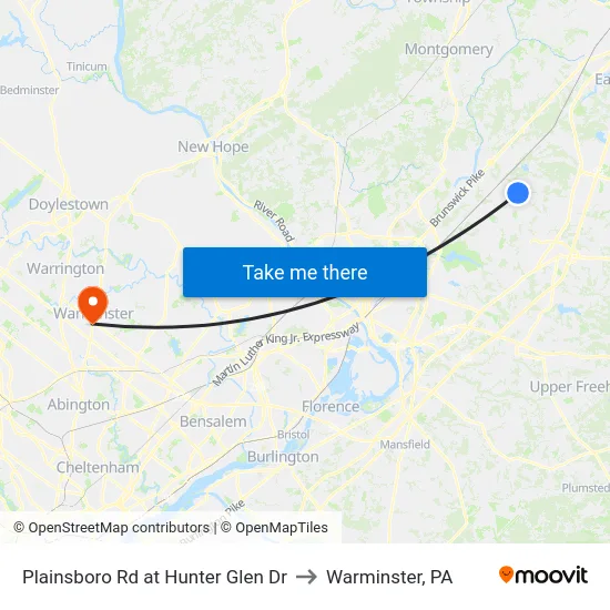 Plainsboro Rd at Hunter Glen Dr to Warminster, PA map