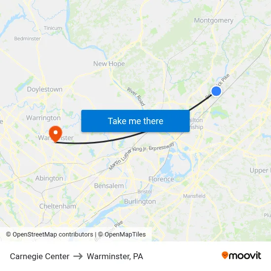 Carnegie Center to Warminster, PA map