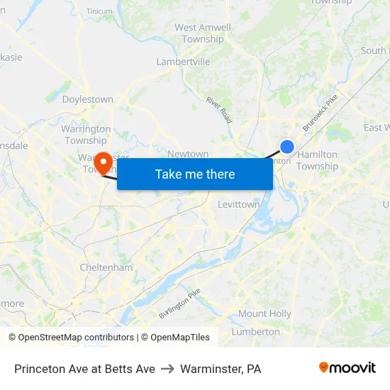 Princeton Ave at Betts Ave to Warminster, PA map