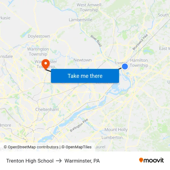 Trenton High School to Warminster, PA map