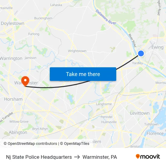 Nj State Police Headquarters to Warminster, PA map