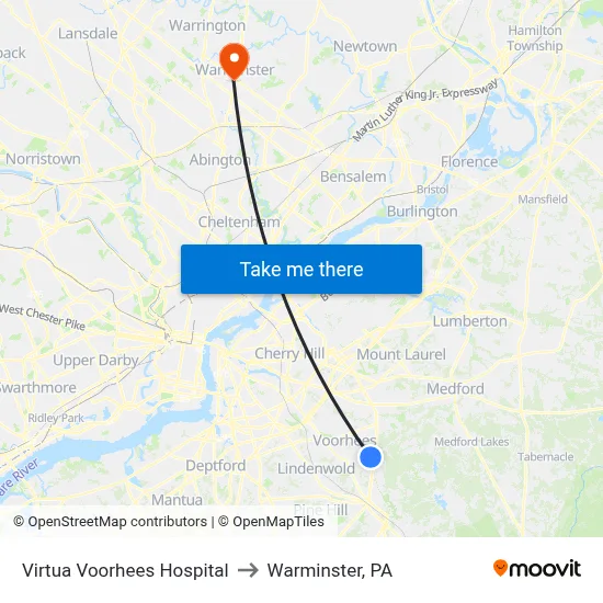 Virtua Voorhees Hospital to Warminster, PA map