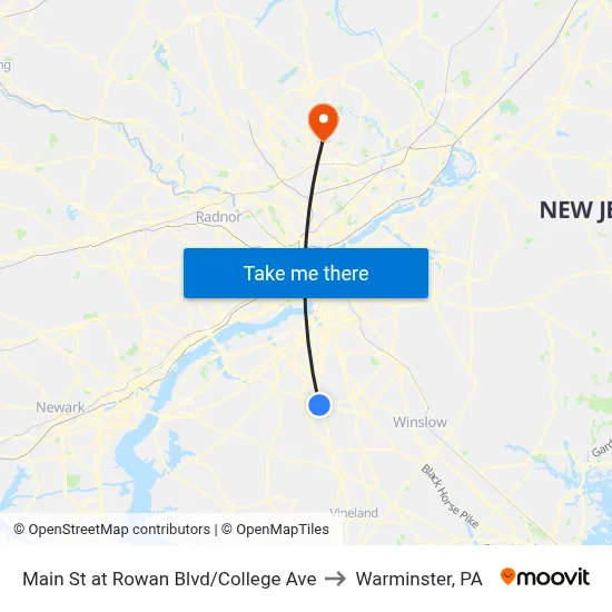 Main St at Rowan Blvd/College Ave to Warminster, PA map