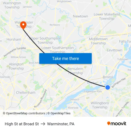 High St at Broad St to Warminster, PA map