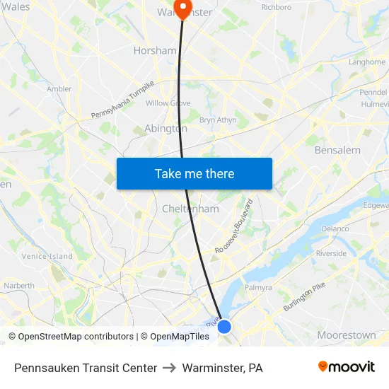 Pennsauken Transit Center to Warminster, PA map