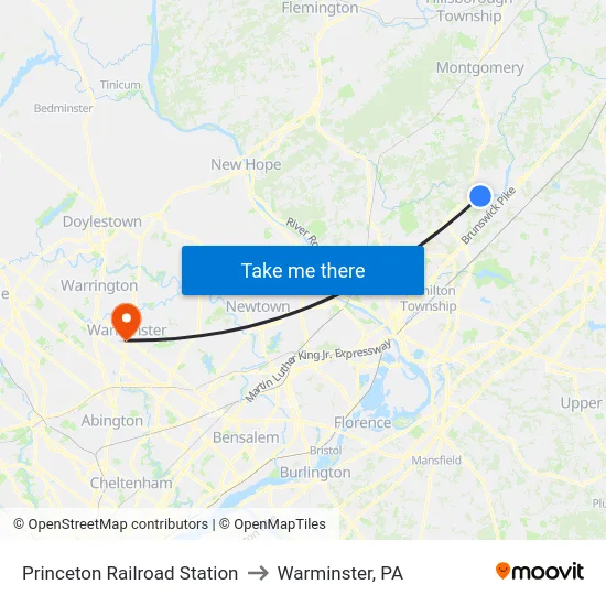 Princeton Railroad Station to Warminster, PA map