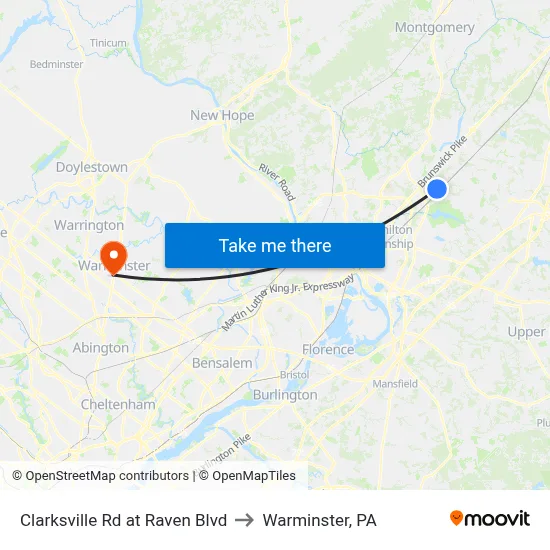 Clarksville Rd at Raven Blvd to Warminster, PA map