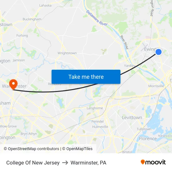 College Of New Jersey to Warminster, PA map