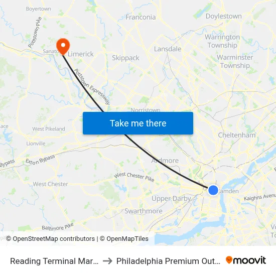 Reading Terminal Market to Philadelphia Premium Outlets map