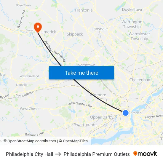 Philadelphia City Hall to Philadelphia Premium Outlets map