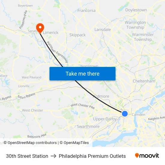 30th Street Station to Philadelphia Premium Outlets map